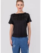 HELENE GALWAS Tricou cu aplicatii cu pene Alexandra - Negru