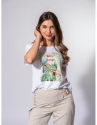 Hermosa Tricou din amestec de bumbac cu decolteu la baza gatului si imprimeu - Alb