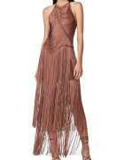 HERVE LEGER Rochie lunga de ocazie - cu franjuri - cu o croiala drapata - realizata pe o baza de bandaj care sculpteaza si modeleaza corpul - Maro