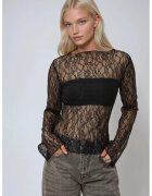HiCCUP Bluza dama - cu guler rotund - dantela - negru - bumbac