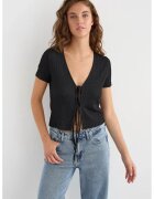 HiCCUP Bluza dama - maneca scurta - detalii de legat - negru - poliester si elastan