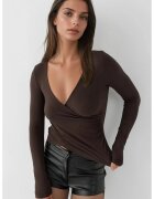 HiCCUP Bluza dama - top cu maneca lunga - decolteu in V - maro inchis - jerseu - Maro inchis