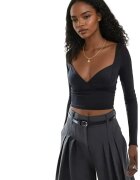 HiCCUP Bluza dama - top cu maneca lunga - decolteu in V - negru - poliester