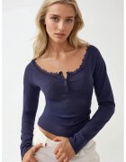 HiCCUP Bluza dama - top slim fit cu maneca lunga - detaliu din dantela - albastru - jerseu