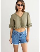 HiCCUP Bluza scurta - decolteu in V - volane - verde - bumbac