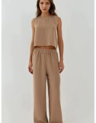 HiCCUP Costum dama - set coordonat - bluza cu guler rotund si pantaloni largi - bej - poliester