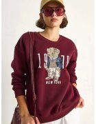 HiCCUP Hanorac dama - guler rotund - relaxat - rosu burgundi - textil