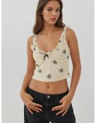 HiCCUP Maiou scurt dama imprimeu vibrant - textil - guler in U - crem/negru