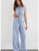 HiCCUP Pantaloni dama - cu dungi late - talie elastica - albastru - bumbac si poliester