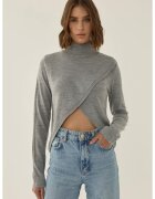 HiCCUP Pulover dama asimetric - guler inalt - gri - tricot