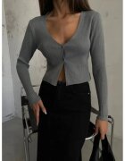 HiCCUP Pulover dama - cardigan scurt - decolteu in V - gri - tricot