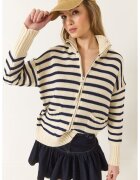 HiCCUP Pulover dama - cardigan tricotat cu dungi - guler cu fermoar - ecru - tricot -
