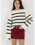 HiCCUP Pulover dama crop - croiala relaxata - dungi - alb - tricot