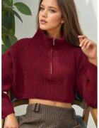 HiCCUP Pulover dama crop - gros tricotat - guler cu fermoar - tricot - Rosu Burgund -