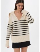 HiCCUP Pulover dama - cu dungi - decolteu in V - tricot - Alb prafuit -