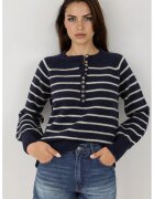 HiCCUP Pulover dama cu guler cu nasturi - model cu dungi - tricot - Albastru de miezul noptii -