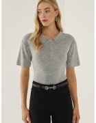 HiCCUP Pulover dama guler polo - fermoar - gri - acril
