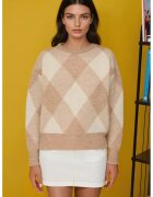 HiCCUP Pulover dama guler rotund - model in romburi - tricot - Roz pal -