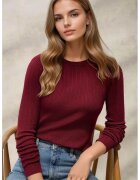 HiCCUP Pulover dama guler rotund - mulat - visiniu - tricot