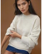 HiCCUP Pulover dama - lung tricotat - guler rotund - alb natural - tricot