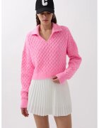 HiCCUP Pulover dama - pulover tricotat texturat cu guler camasa - roz - tricot