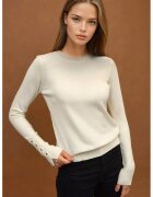 HiCCUP Pulover dama - tricotat cu guler rotund si nasturi - crem - tricot