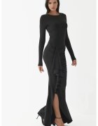 HiCCUP Rochie Maxi - cu Maneci Lungi - Volane - Negru - Textil