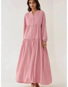 HiCCUP Rochie maxi decolteu in V - detaliu cu nasturi - roz - textil