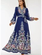 HiCCUP Rochie maxi - imprimeu - decolteu in V - maneci lungi - albastra - textil