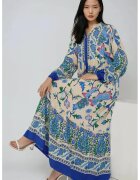 HiCCUP Rochie maxi - imprimeu - guler camasa - albastru - textil