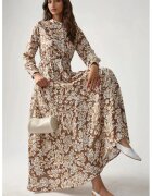 HiCCUP Rochie maxi - imprimeu - guler sofisticat - bej - viscoza