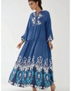 HiCCUP Rochie maxi maneca lunga - imprimeu - albastra/alb - viscoza