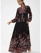 HiCCUP Rochie maxi - maneca lunga - imprimeu - negru/rosu - viscoza