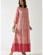 HiCCUP Rochie maxi viscoza - guler rotund - roz - maneci lungi