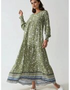 HiCCUP Rochie maxi - viscoza imprimata - guler rotund - verde