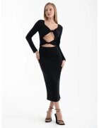 HiCCUP Rochie midi - maneca lunga - decolteu rotund - neagra - textil