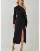 HiCCUP Rochie midi - mulata - guler asimetric - crapatura - jerseu - Negru