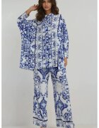 HiCCUP Set doua piese model floral - talie inalta - croiala larga - albastru - textil