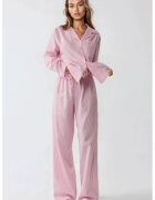 HiCCUP Set pijamale bumbac cu dungi - roz - maneci lungi - guler clasic
