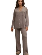 HiCCUP Set tricotat cardigan cu decolteu in V si pantaloni largi - talie inalta - maro melange - tricot