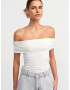 HiCCUP Top bodycon - umeri goi - volane - alb - jerseu
