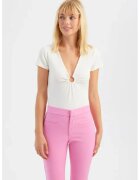 HiCCUP Top cu decolteu in V - maneca scurta - detaliu incretit - Alb - textil