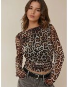 HiCCUP Top dama - imprimeu leopard - decolteu tip barca - volane - multicolor - poliester