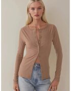 HiCCUP Top dama - slim fit - decolteu in V - maneca lunga - maro - bumbac