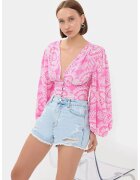 HiCCUP Top scurt - boho - decolteu in V - maneci balon - roz - textil