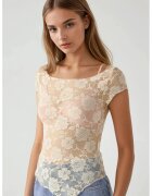 HiCCUP Top scurt dama - dantela florala - slim fit - bej - jerseu