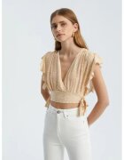 HiCCUP Top scurt - decolteu in V - nod lateral - bej - textil