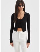 HiCCUP Top scurt - femei - set Twin: cardigan tricotat cu decolteu in V - maneca lunga - detaliu cu nasturi si top scurt - negru