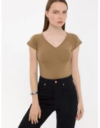 HiCCUP Tricou dama - basic - maneca scurta - decolteu in V - maro - bumbac