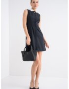 Hugo Rochie mini cu dungi discrete si guler de blana sintetica Kaledoni - Alb murdar/Bleumarin